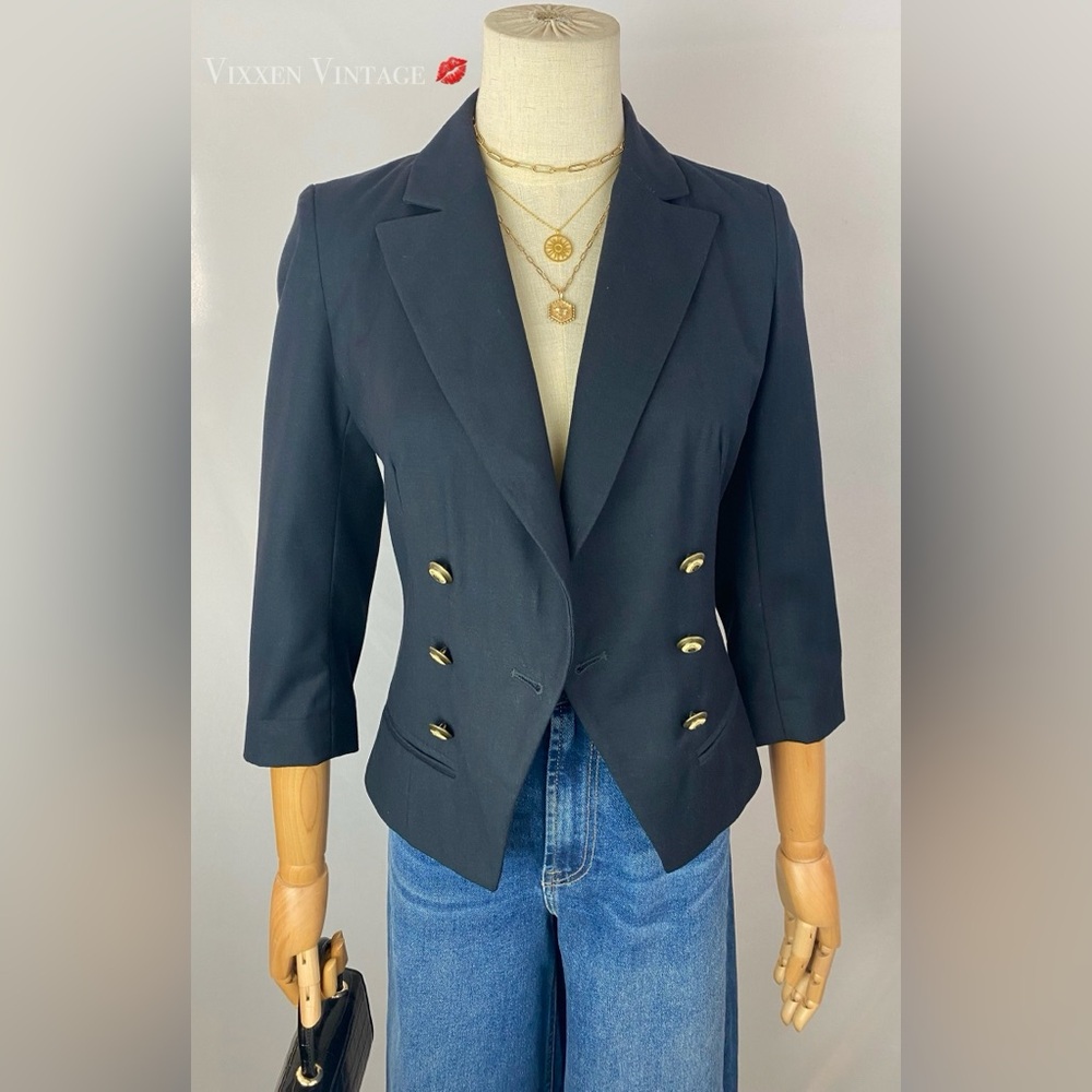 VINTAGE Y2K COQUILLE MILITARY STYLE DOUBLE-BREASTED CROPPED BLAZER IN NAVY